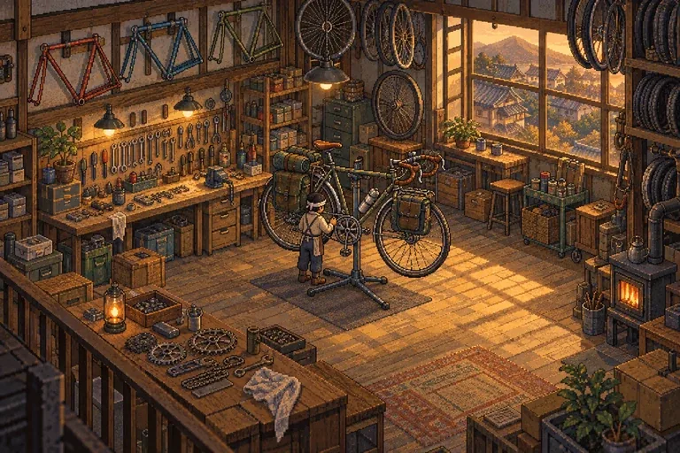 自転車のカスタム工房で整備士が自転車を調整している