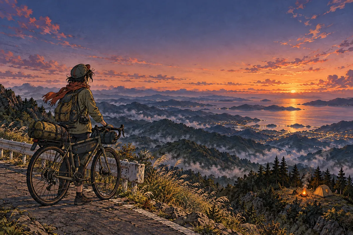 夕暮れの尾根道から日本の山並みと海を見渡す自転車旅行者